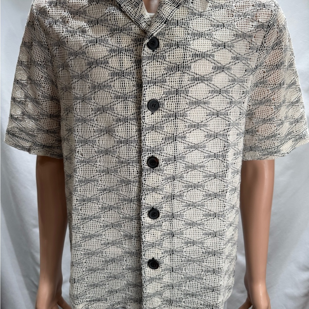 Medium Crochet Casual Black and White Button Down Shirt with Short Sleeves